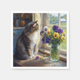 Serviette En Papier Chat calicot avec bouquet de pensées près de la fe