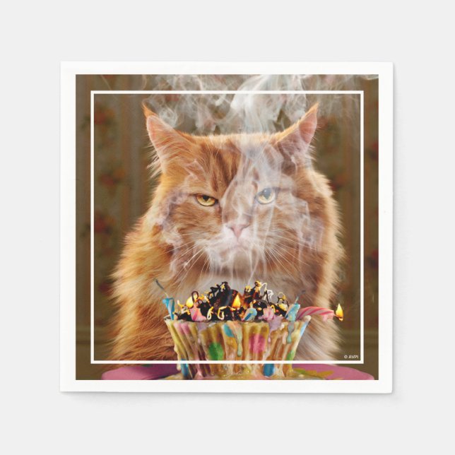 Serviette En Papier Chat Cranky Drôle Avec Cupcake D'Anniversaire Fond (Devant)