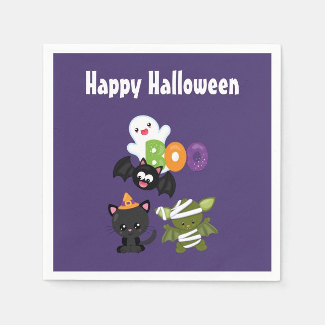 Serviette En Papier Chat de Cute Halloween, bat, mummy et ghost (Devant)