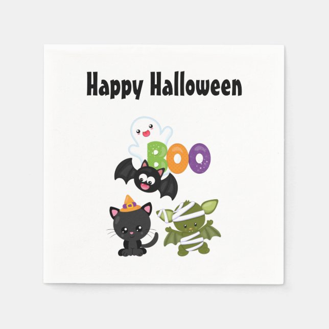 Serviette En Papier Chat de Cute Halloween, bat, mummy et ghost (Devant)