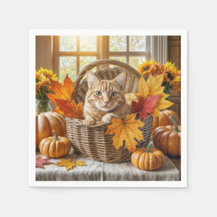 Serviette En Papier Chat de gingembre dans le panier d'automne