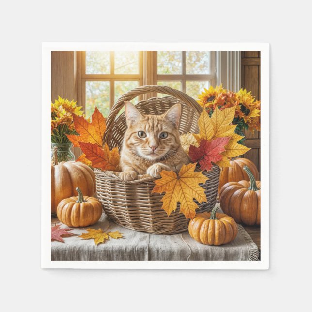 Serviette En Papier Chat de gingembre dans le panier d'automne (Devant)