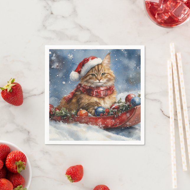 Serviette En Papier Chat de Maine Coon en sledge Laisser neiger Noël (En situation)