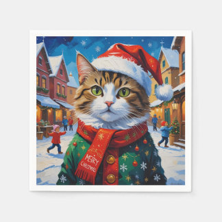 Serviette En Papier Chat de Noël festif avec chapeau de Père Noël