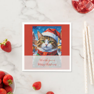 Serviette En Papier Chat de Noël festif avec un chapeau de Père Noël