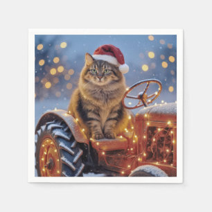 Serviette En Papier Chat de Noël Maine Coon sur un vieux tracteur