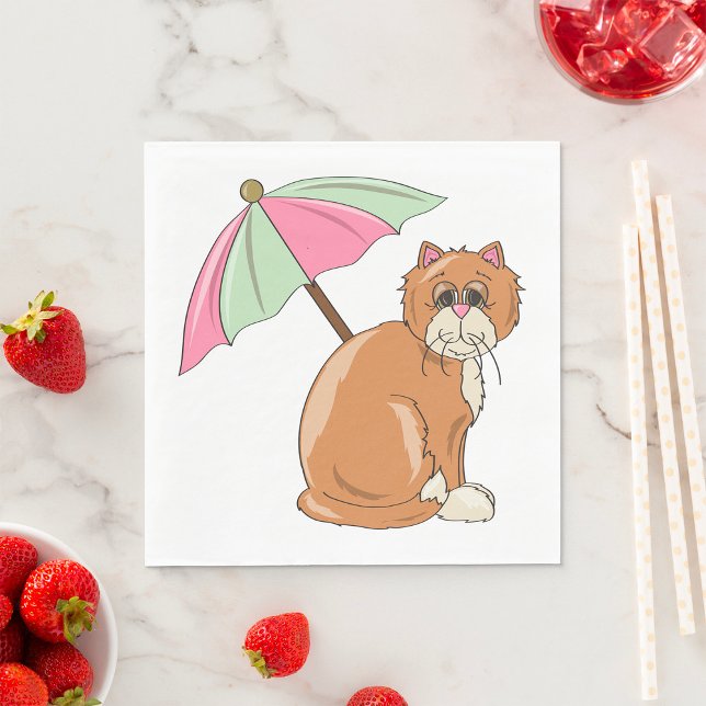Serviette En Papier Chat de plage avec parapluie rose et vert (Créateur téléchargé)