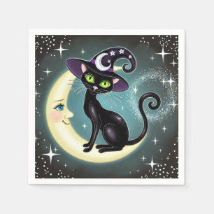 Serviette En Papier Chat de sorcière sur Crescent Moon Halloween Wicca