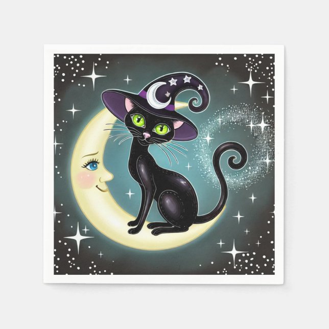 Serviette En Papier Chat de sorcière sur Crescent Moon Halloween Wicca (Devant)