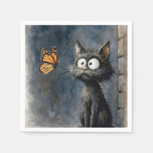 Serviette En Papier Chat dépenaillé fixant un papillon