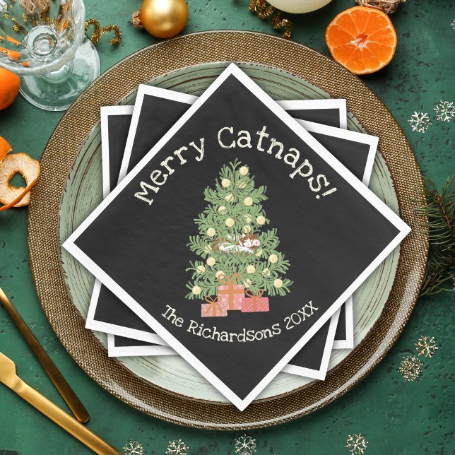 Serviette En Papier Chat drôle sur Chistmas Tree Joyeux Catnaps! Black (Créateur téléchargé)
