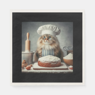 Serviette En Papier Chat duveteux faisant un gâteau