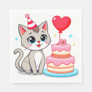Serviette En Papier Chat mignon célébrant un anniversaire avec un gâte