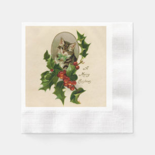 Serviette En Papier Chat Noël Joyau Holly Kitten Art antique