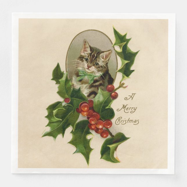 Serviette En Papier Chat Noël Joyau Holly Kitten Art antique (Devant)