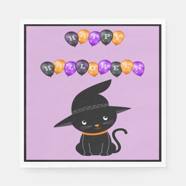 Serviette En Papier Chat noir avec Casquette sorcier Joyeux Ballons d' (Devant)