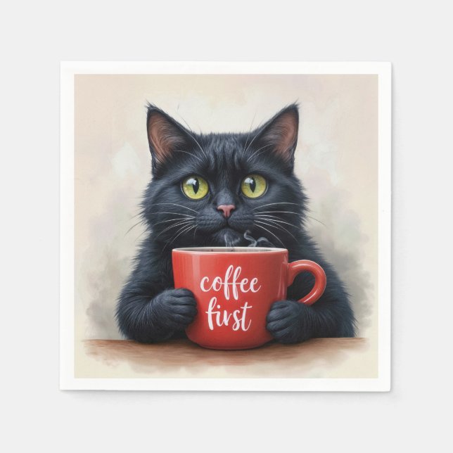 Serviette En Papier Chat Noir Avec Mug De Café Rouge (Devant)