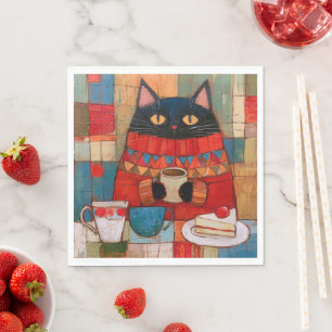 Serviette En Papier Chat noir confortable buvant du café au café