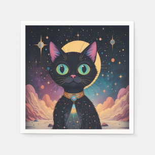 Serviette En Papier Chat noir cosmique futuriste atomique en clair de