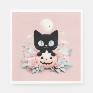 Serviette En Papier Chat noir d'Halloween, Lune et Citrouille