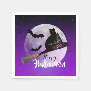 Serviette En Papier Chat noir d'Halloween sur la Pleine lune de chambr