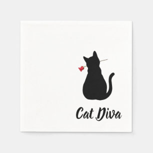 Serviette En Papier Chat Noir Diva Silhouette Rose Rouge Pet Lover