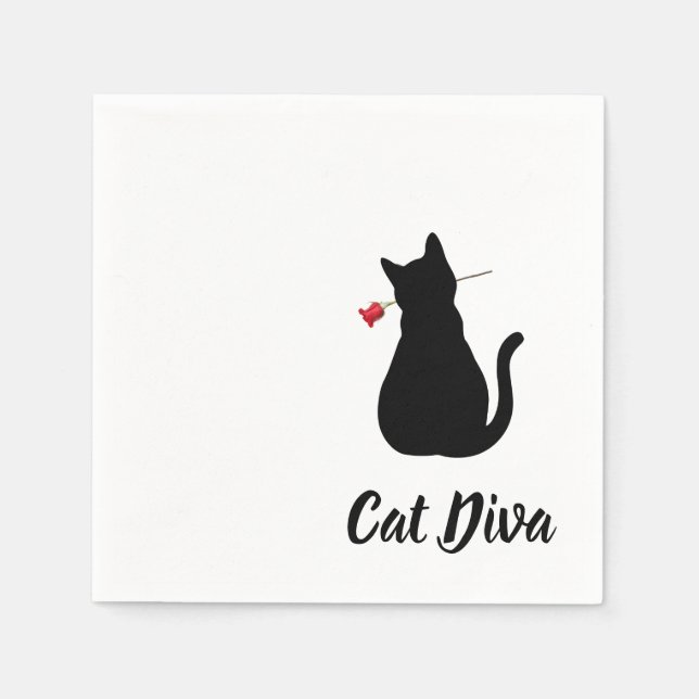 Serviette En Papier Chat Noir Diva Silhouette Rose Rouge Pet Lover (Devant)