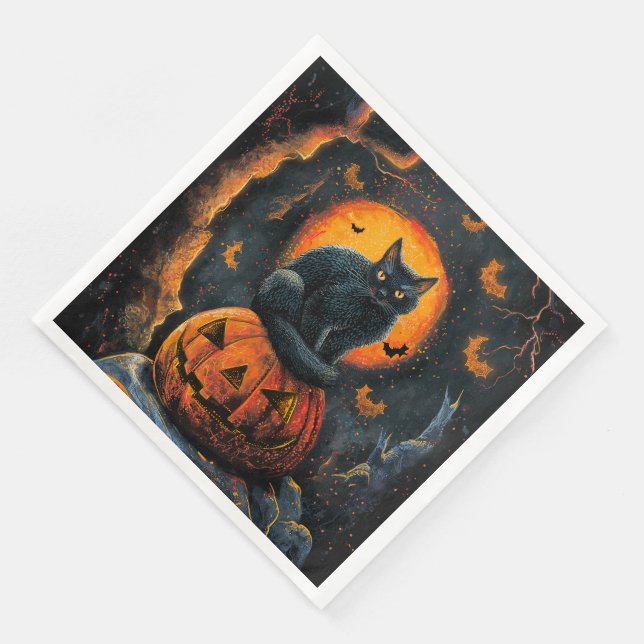 Serviette En Papier Chat noir Éffrayant d'Halloween sur une lanterne J (Coin)