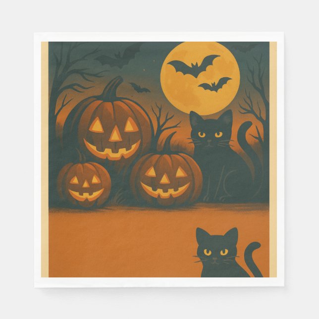 Serviette En Papier Chat noir et serviettes Citrouilles Halloween (Devant)