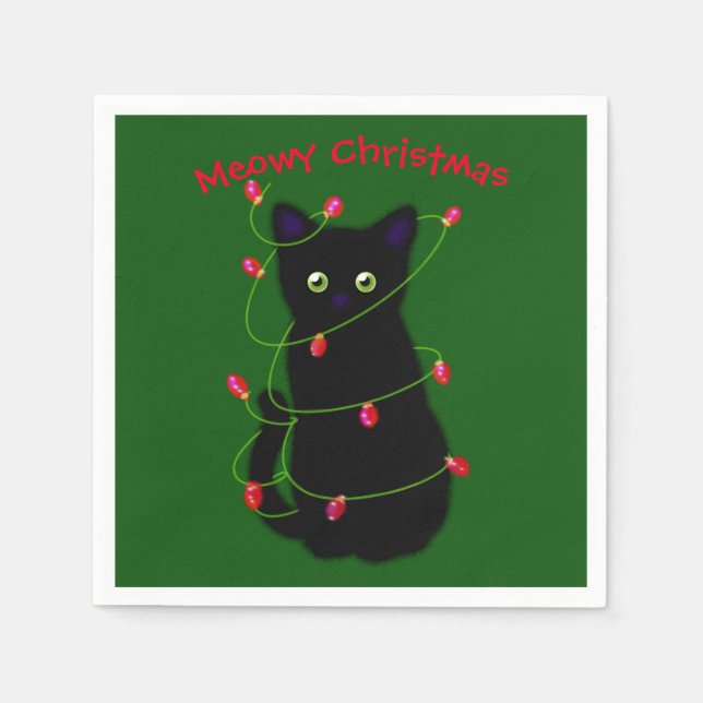 Serviette En Papier chat noir | Meowy Christmas | lumières scintillant (Devant)