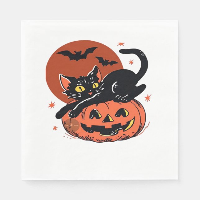 Serviette En Papier Chat noir, Nostalgique T-shirt classique Halloween (Devant)