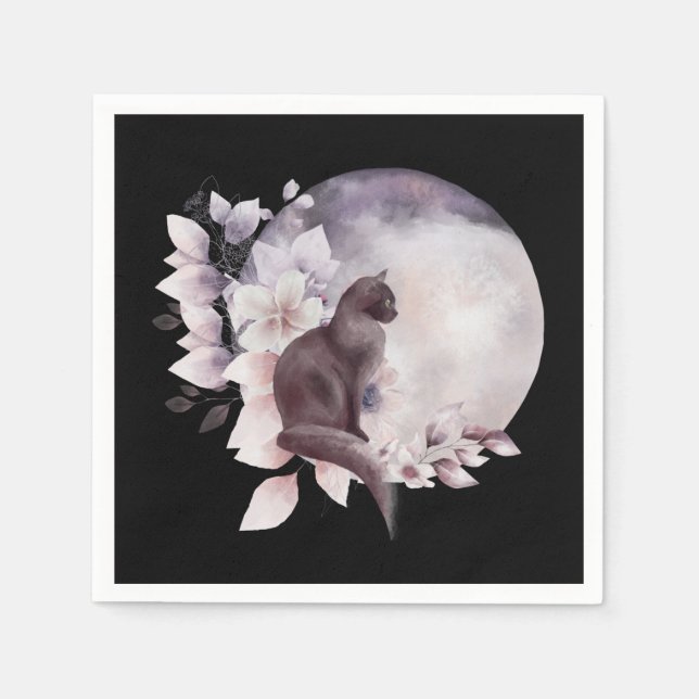 Serviette En Papier Chat noir par une Pleine lune magique (Devant)