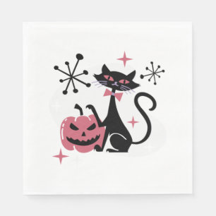 Serviette En Papier Chat noir rétro mi-siècle d'Halloween