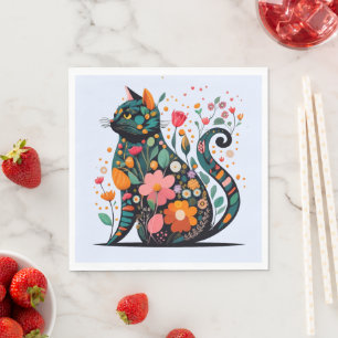 Serviette En Papier Chat noir silhouette faite de fleurs colorées