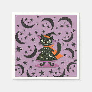 Serviette En Papier Chat Noir Sorcière Lune Violette Étoiles Fête d'Ha
