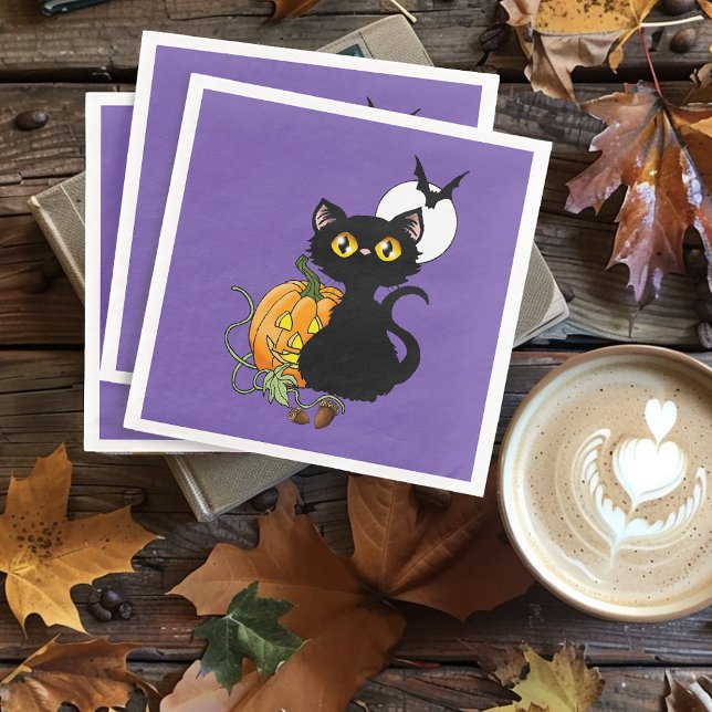 Serviette En Papier Chat noir violet Citrouille d'Halloween (Créateur téléchargé)