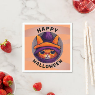 Serviette En Papier Chat orange avec sorcière violette Casquette Hallo