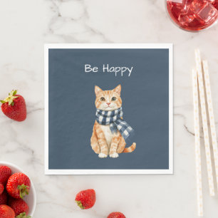 Serviette En Papier Chat orange écharpe blanche bleue Soyez heureux