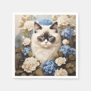 Serviette En Papier Chat Ragdoll Avec Fleurs Bleues D'Hydrangée