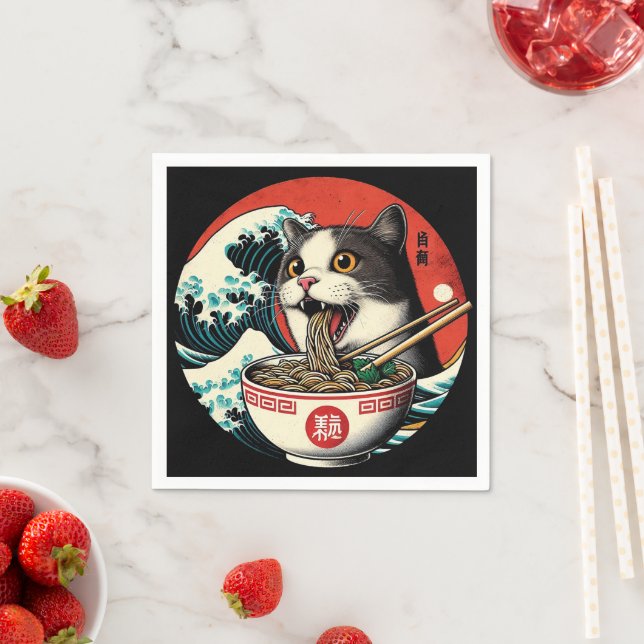 Serviette En Papier Chat Ramen Art Japonais Style Vintage (En situation)