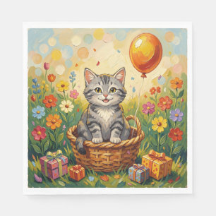 Serviette En Papier Chat tigré & Fleurs   Joyeux Anniversaire Fille 