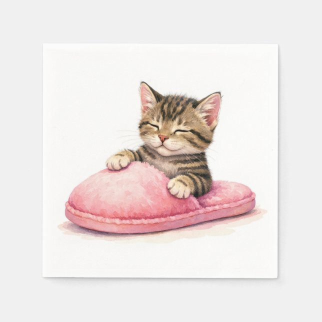 Serviette En Papier Chaton tigré dormant dans une pantoufle rose (Devant)