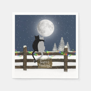 Serviette En Papier Chats de Noël à la clôture avec lune