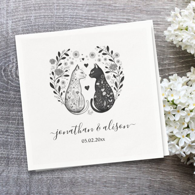 Serviette En Papier Chats noirs et blancs simples Floral Chic Mariage (Créateur téléchargé)