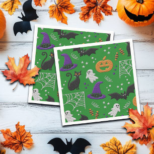 Serviette En Papier Chats noirs Fantômes chauves-souris Motif vert Hal