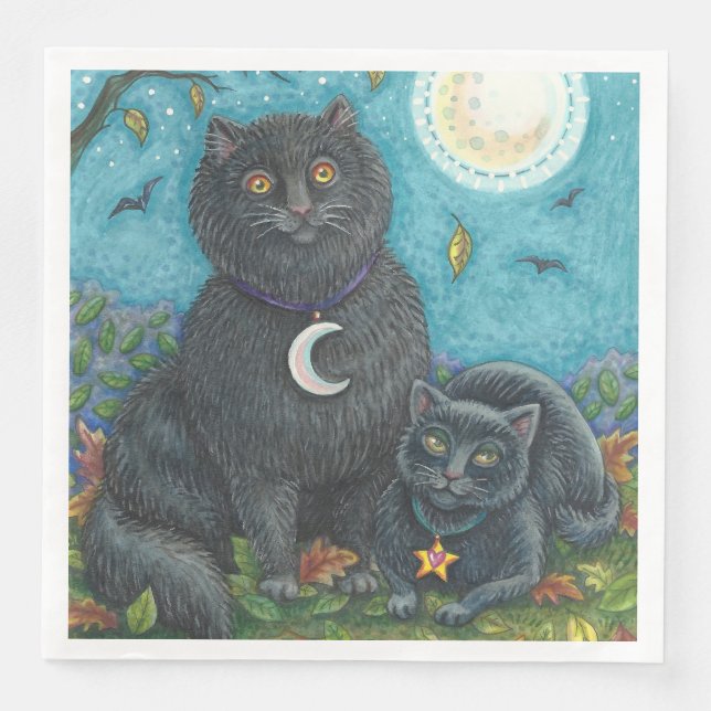 SERVIETTE EN PAPIER CHATS NOIRS HALLOWEEN FOLK ART FELINES (Devant)