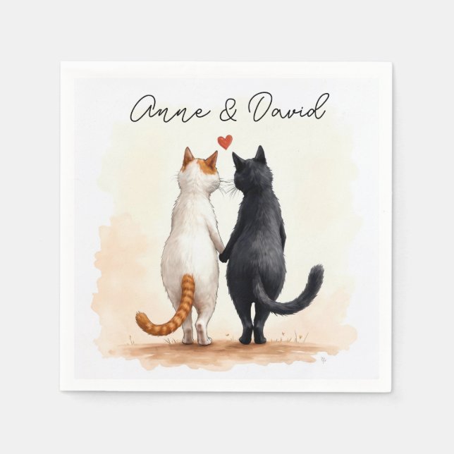 Serviette En Papier Chats romantiques au coeur rouge et noms (Devant)