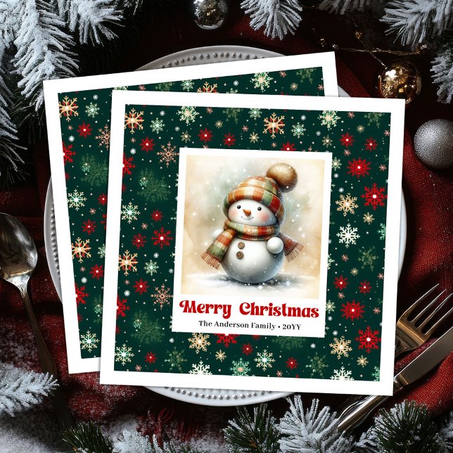 Serviette En Papier Cheerful Christmas Snowman Napkins Custom Name  (Bright funny snowman watercolor kids napkins)