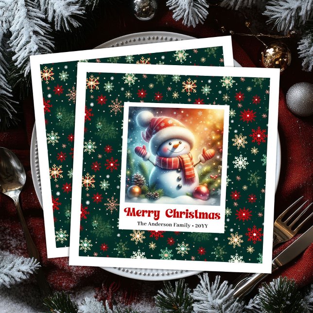 Serviette En Papier Cheerful Christmas snowman with snowflakes kids  (Cheerful Christmas snowman with snowflakes kids napkins)