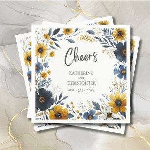 Serviette En Papier Cheers Bleu Jaune Floral Élégant Mariage